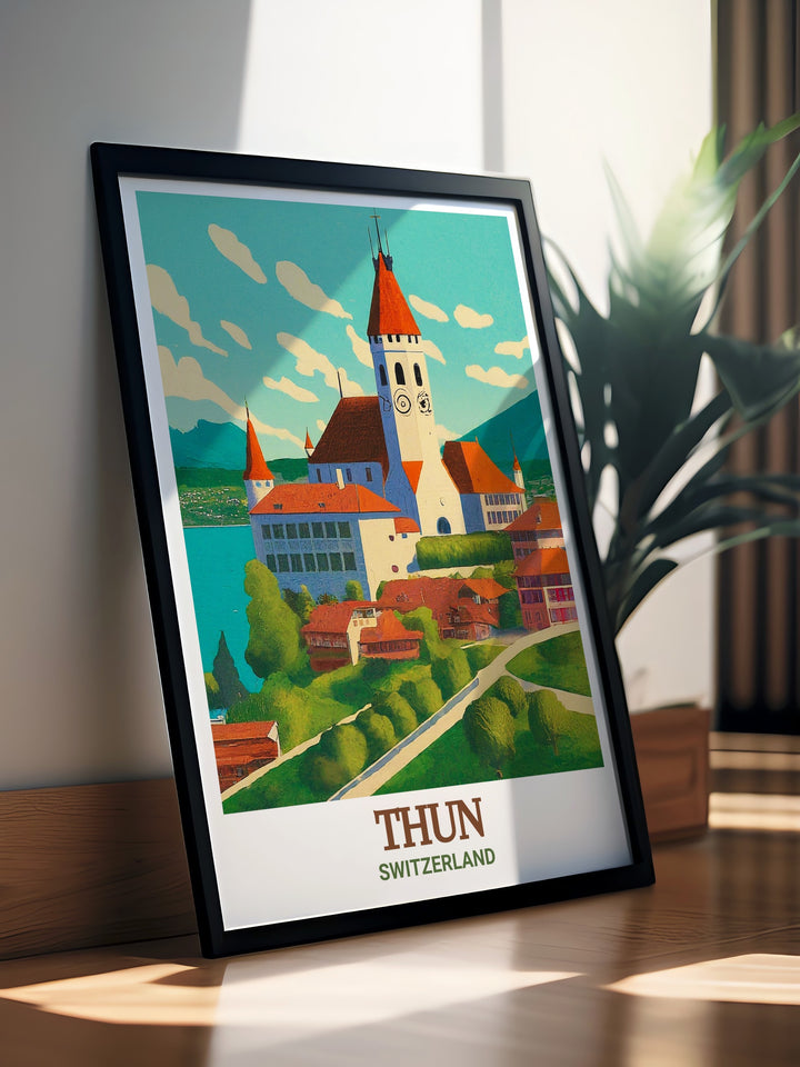 Switzerland Wall Poster featuring a vibrant illustration of Thun Castle, set against the backdrop of the Swiss Alps. This travel print makes a great gift for adventurers and art lovers alike.