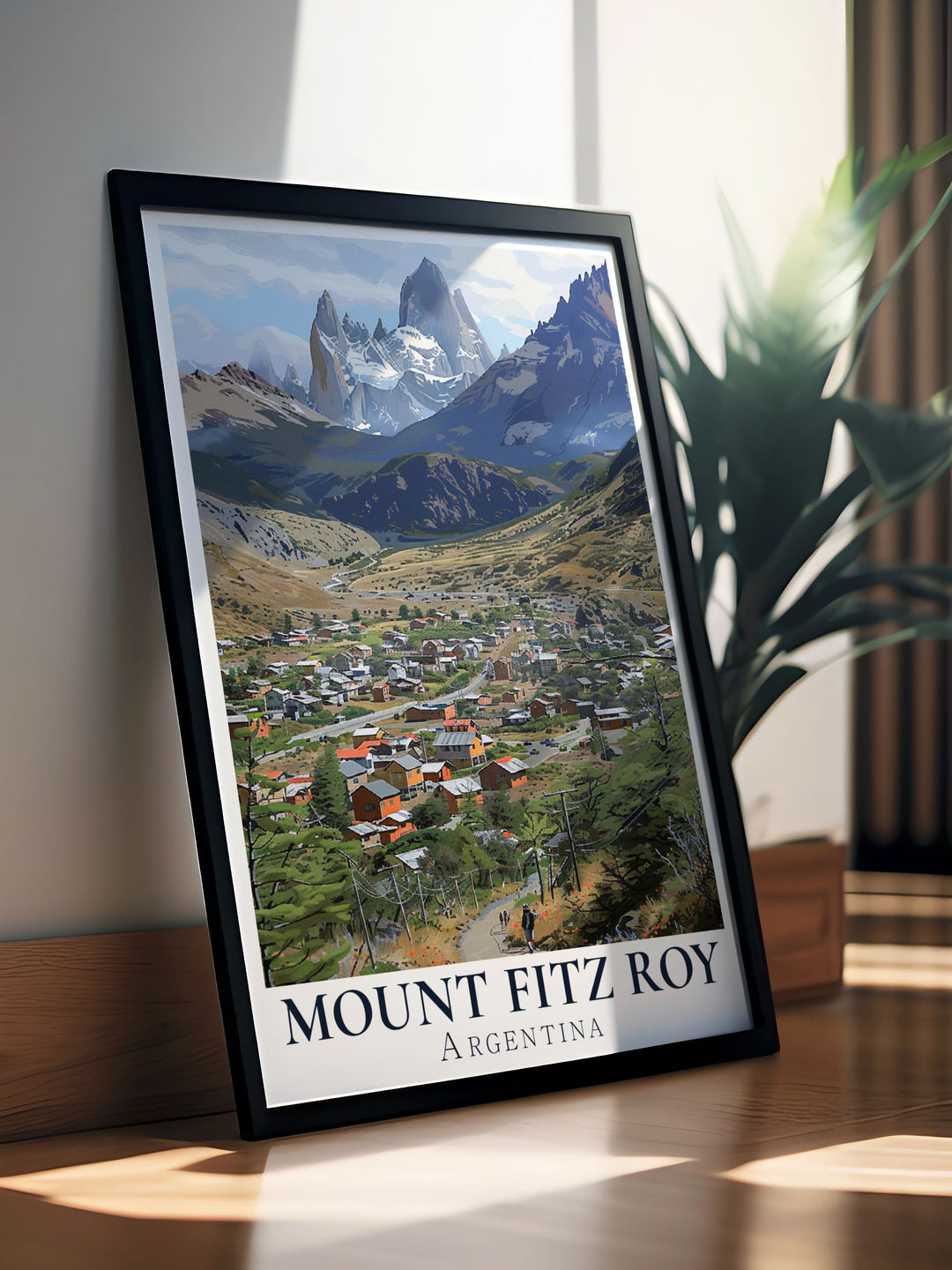 Vintage Travel Print of Mt Fitz Roy and El Chaltén featuring the breathtaking landscapes of Argentina and Chile a timeless piece of art that adds a touch of nostalgia and adventure to your home decor