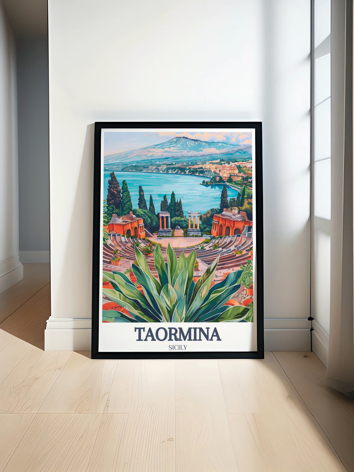 Italy wall art featuring the Ancient Theatre of Taormina and Isola Bella. A vibrant Taormina poster showcasing the historic and natural beauty of Italys coastal town.