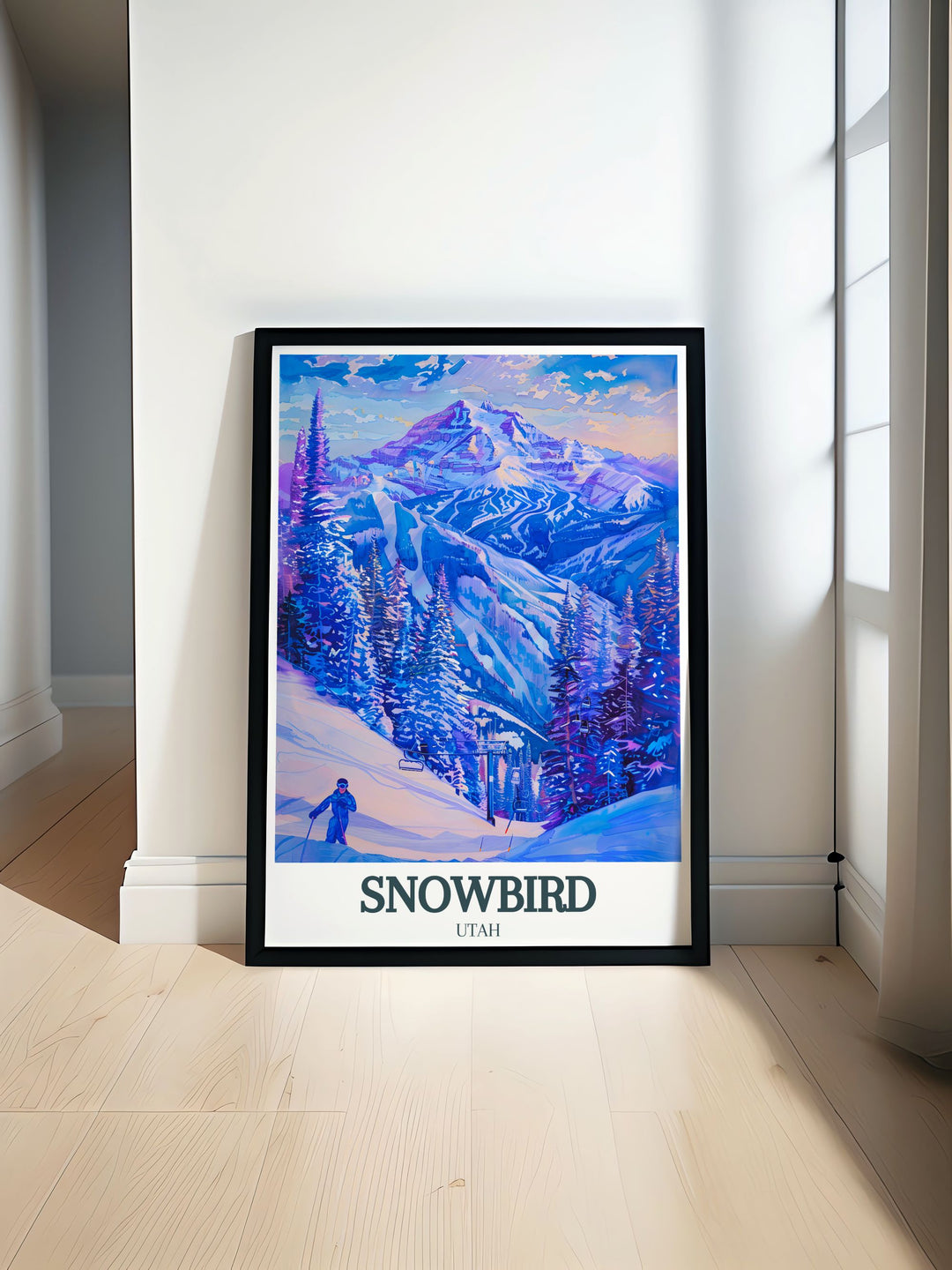 Little Cottonwood Canyon and Mineral Basin modern print featuring a breathtaking view of Park City Utahs snowy landscape. The artwork highlights the majestic peaks and serene beauty of these famous ski locations offering a sophisticated touch to your home decor.