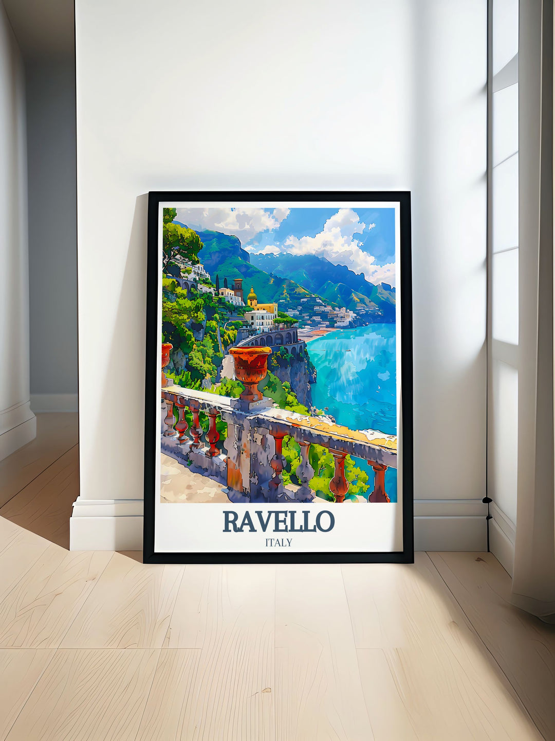 Coastal Wall Art featuring Villa Rufolo Amalfi coast showcasing the beauty of the Italian Riviera. This minimalist art print is perfect for Italy home decor and brings a touch of Southern Italy art to your living space. Ideal for travel souvenir and elegant home decor