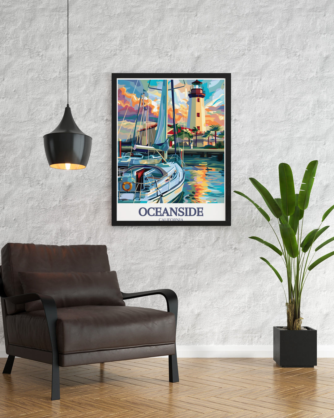 Captivating illustration of Oceanside Harbor Lighthouse in a vintage style print bringing the peaceful vibes of Oceanside Harbor to your home perfect for those who cherish coastal landscapes and unique decor