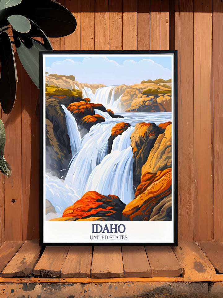 This Idaho poster print captures the breathtaking Shoshone Falls in all its glory. Known as the "Niagara of the West," this waterfall stands taller than its famous counterpart, making it an iconic piece for anyone passionate about Idahos natural landmarks.