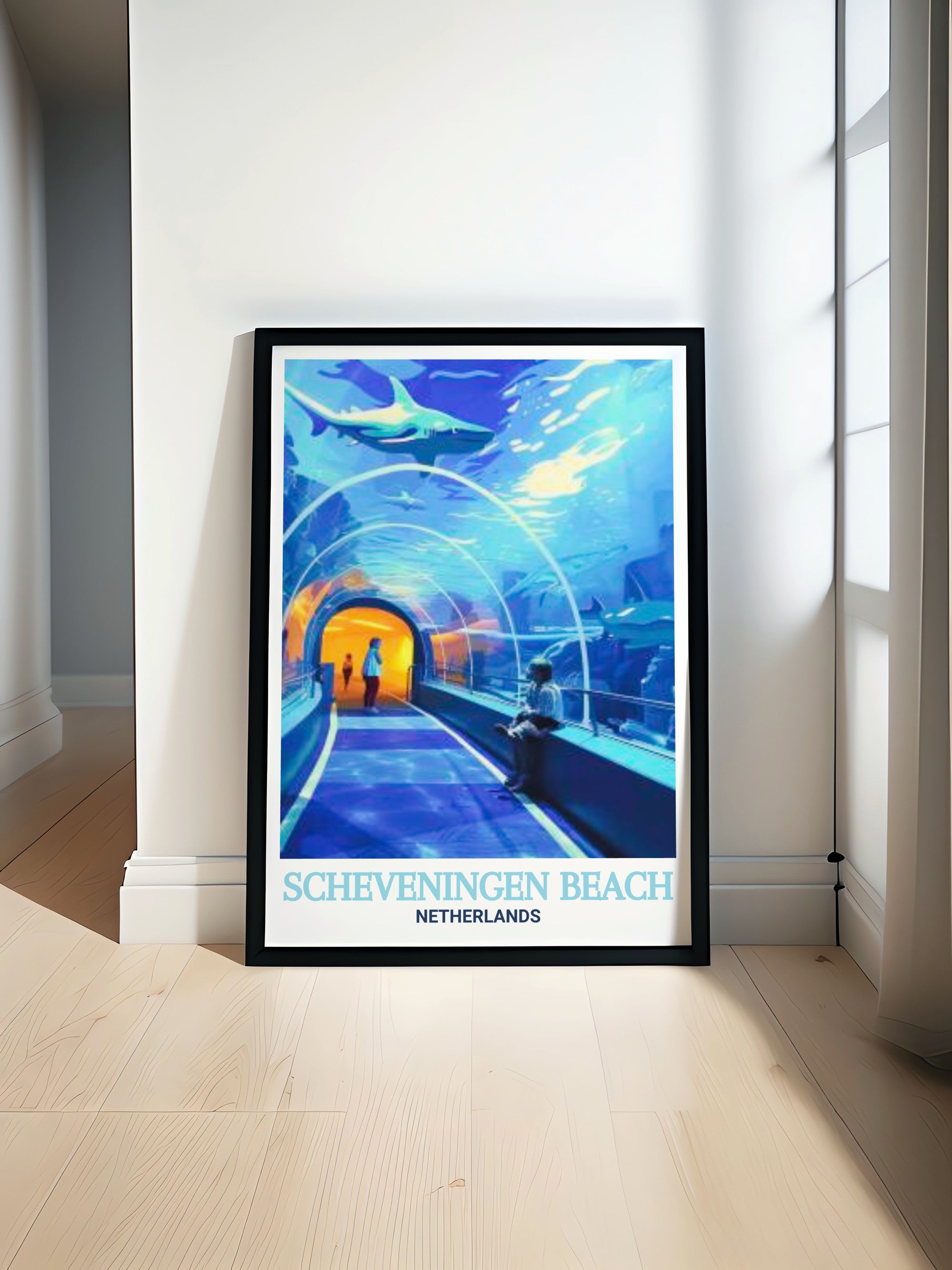 SEA LIFE Scheveningen Beach Pier Wall Art showing iconic Dutch seaside resort and beachfront entertainment venue, vibrant Netherlands travel poster perfect for coastal-inspired living room decor and affordable beach house wall art