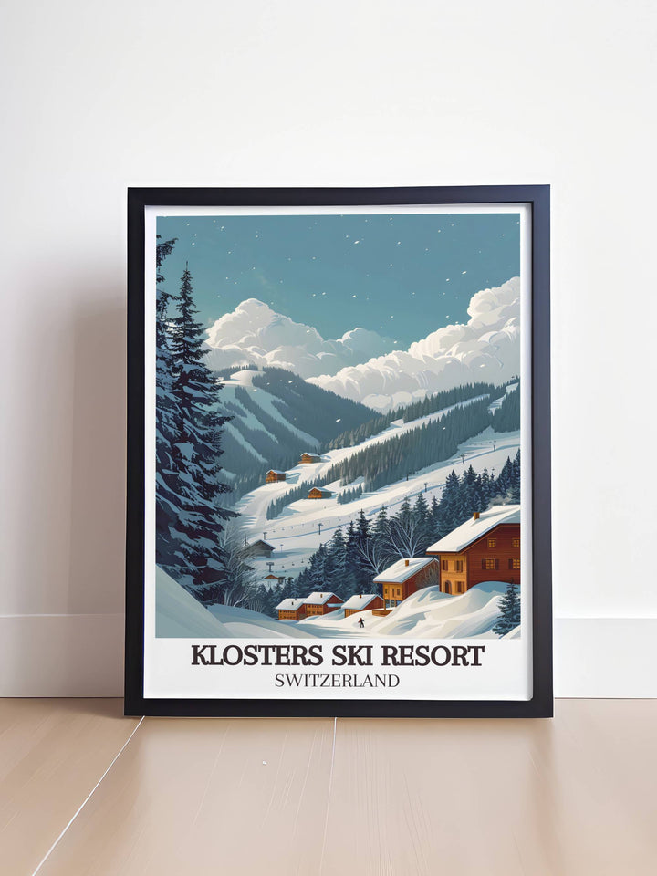 Discover the allure of Klosters Ski Resort with our Retro Ski Poster. Featuring stunning artwork and classic design this print is ideal for adding a touch of nostalgia and elegance to your space. Perfect for winter sports lovers and vintage art collectors