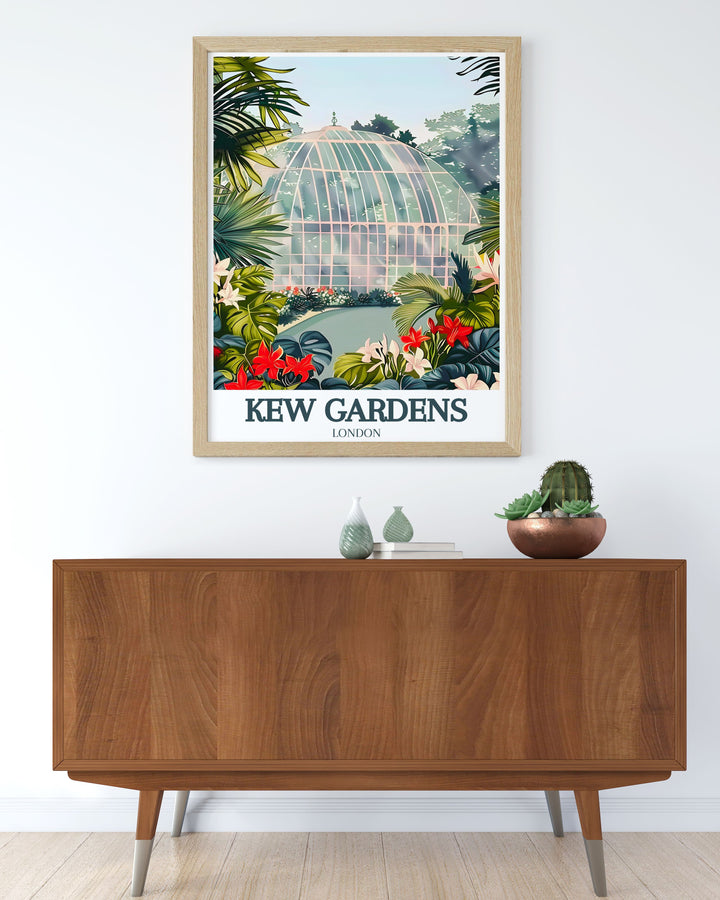 Waterlily House and Royal Botanic Gardens Vintage Poster presents a stunning depiction of one of Englands most iconic garden landmarks. The fine line design brings out the beauty of Kew Gardens, making this artwork a perfect addition to any room or a thoughtful gift for friends and family.