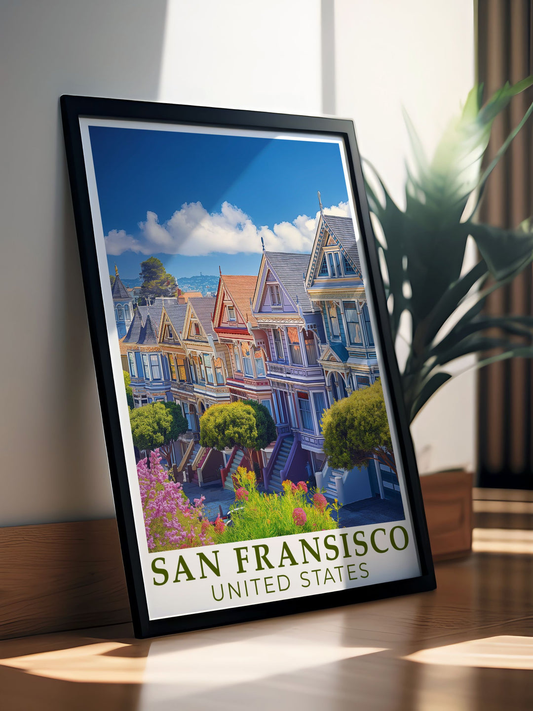 Vintage Americana print of the Golden Gate Bridge and The Painted Ladies offers a breathtaking view of San Francisco perfect for American road trip lovers