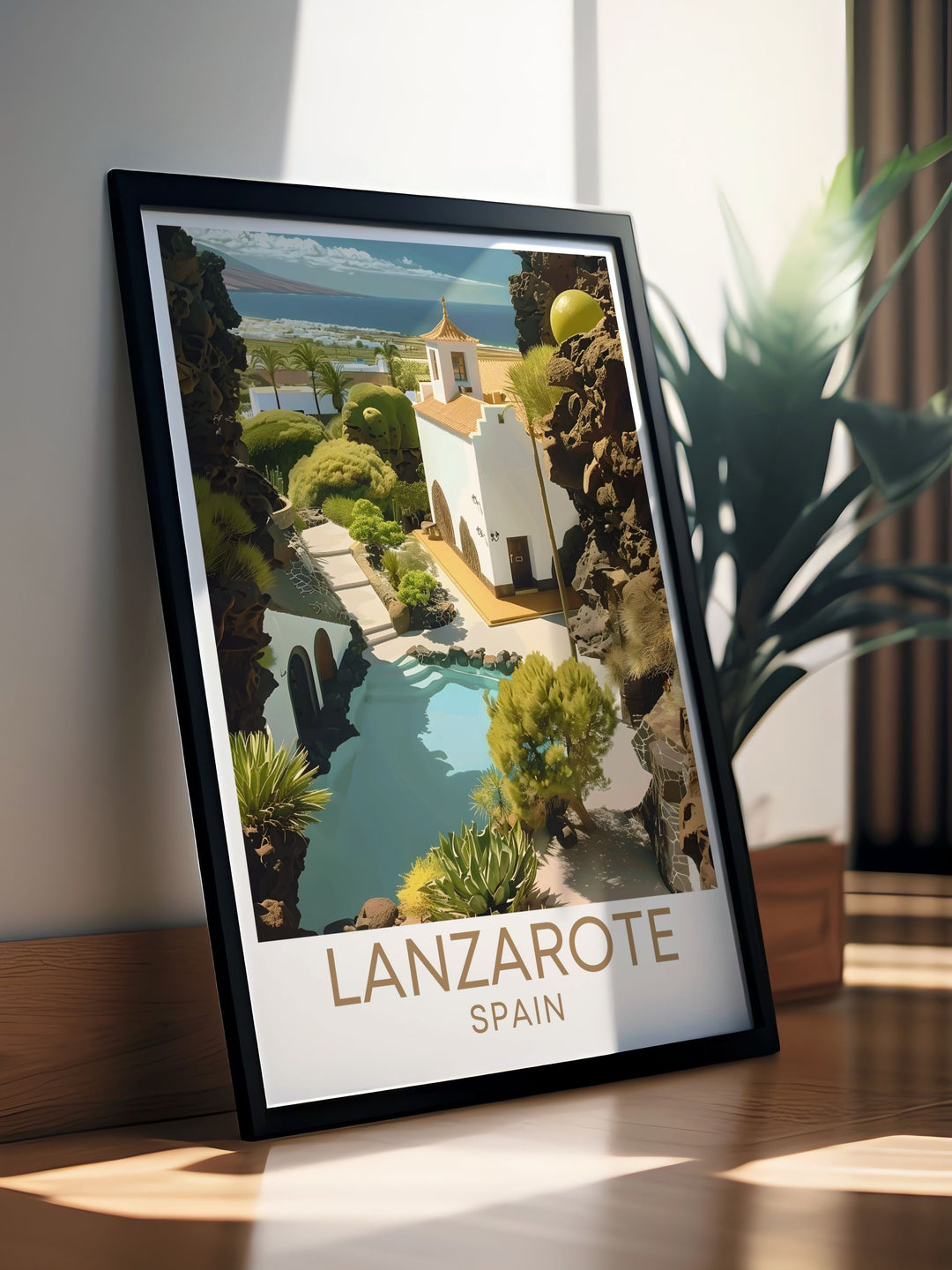This vibrant poster illustrates the Cesar Manrique Foundations stunning volcanic backdrop and artistic structures, making it an excellent piece for those who appreciate the unique beauty of Lanzarote and Manriques visionary work.