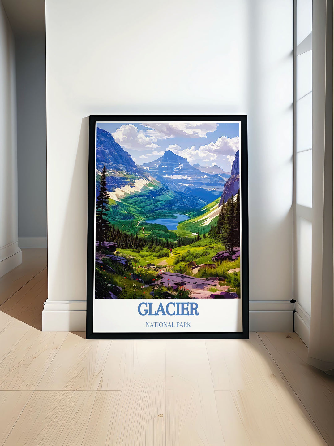 This artistic poster captures the stunning landscapes of Glacier National Park, highlighting its rugged mountains and pristine lakes. Ideal for nature lovers, this artwork brings the parks natural beauty into your home decor.