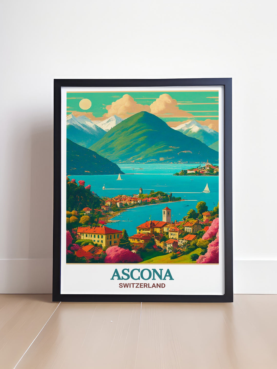 Switzerland travel poster highlighting the stunning landscape of Lake Maggiore, blending the beauty of Switzerlands alpine scenery with its serene lakeside views. A must have for any travel lover.