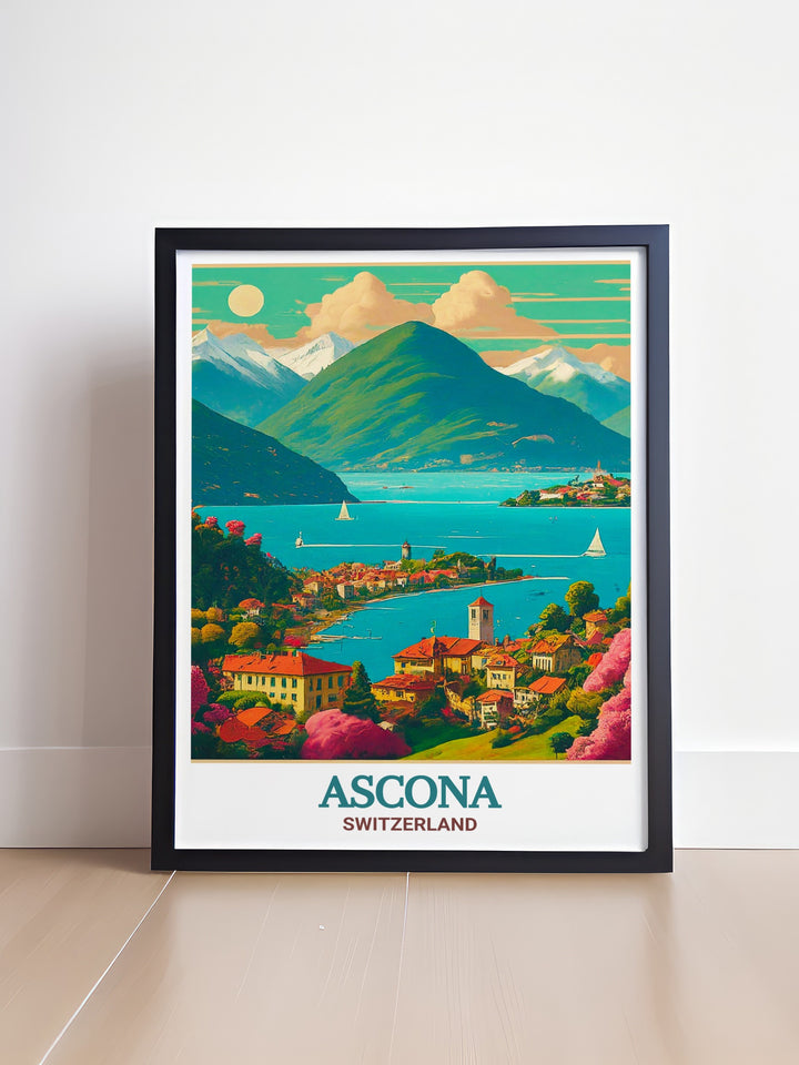 Switzerland travel poster highlighting the stunning landscape of Lake Maggiore, blending the beauty of Switzerlands alpine scenery with its serene lakeside views. A must have for any travel lover.