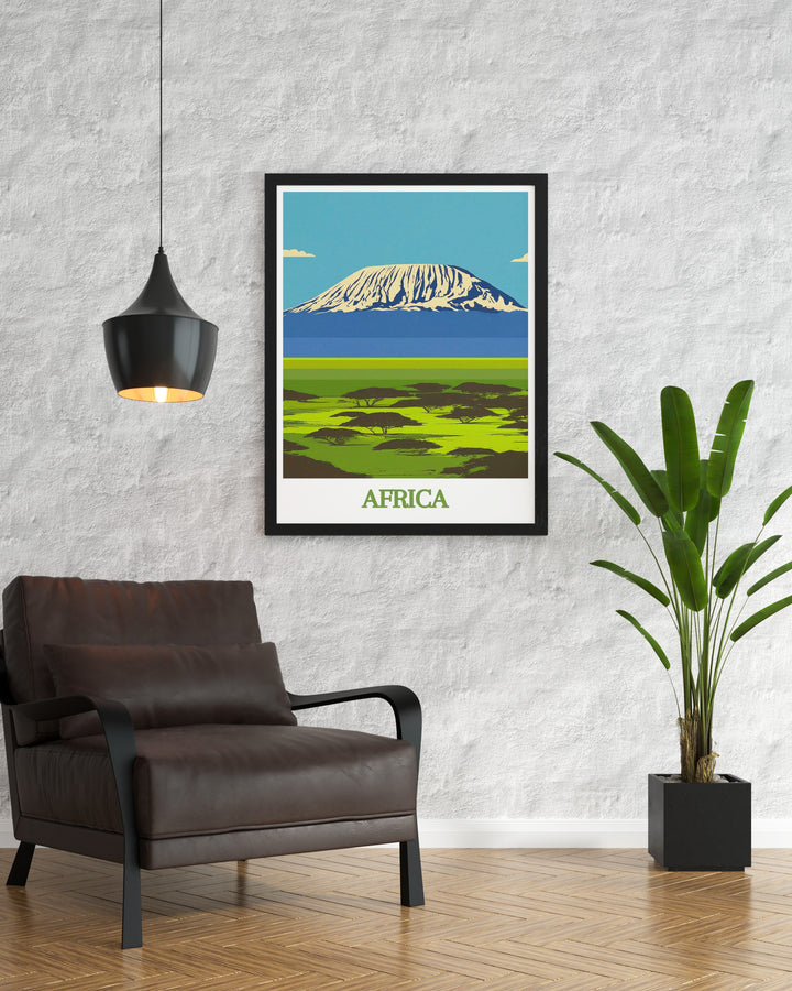 Vintage Travel Print combining the charm of Bwindi Uganda with the majestic beauty of Mount Kilimanjaro offering a unique piece of art that inspires adventure and appreciation for nature