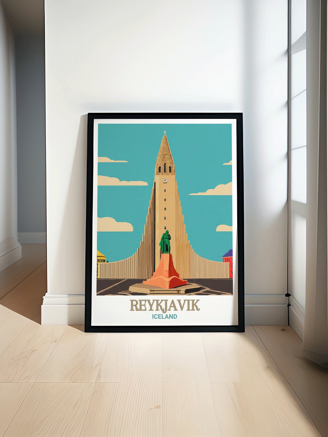 Reykjavik wall print showcasing the iconic landmarks of Reykjavik, including the towering Hallgrímskirkja, against the backdrop of Icelands dramatic landscapes. This travel poster is ideal for adding a touch of Icelandic charm to your home décor.