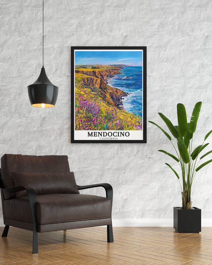 California retro travel posters featuring picturesque views of the Mendocino Coast and Pacific Ocean. These art deco travel posters bring a vintage charm to your home decor, perfect for California travel lovers. Capture the timeless beauty of the Mendocino Coast with our retro travel posters that showcase the regions stunning landscapes.