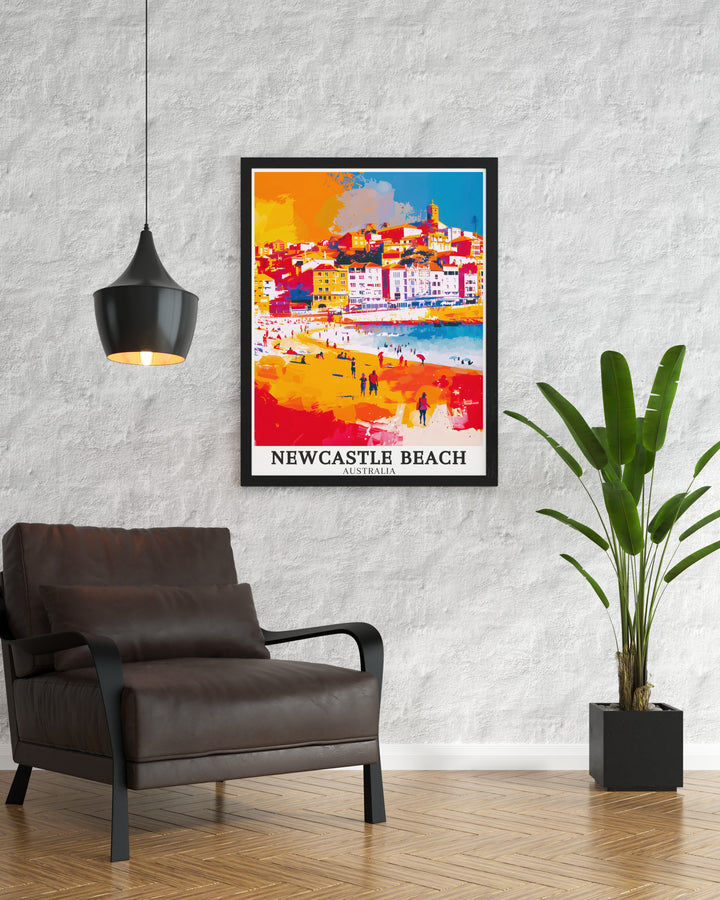 Bondi Beach Art Print highlights the vibrant and energetic atmosphere of one of Australias top beaches. The artwork beautifully depicts the rolling waves and bustling shoreline, making it an excellent choice for those who appreciate the excitement of the coast. Display this piece to evoke the lively spirit of Bondi Beach.