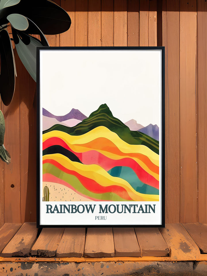 Vibrant Rainbow Mountain poster featuring the Cusco region Andes Mountains ideal for Peru travel gifts and those looking to add a touch of elegance to their home decor.