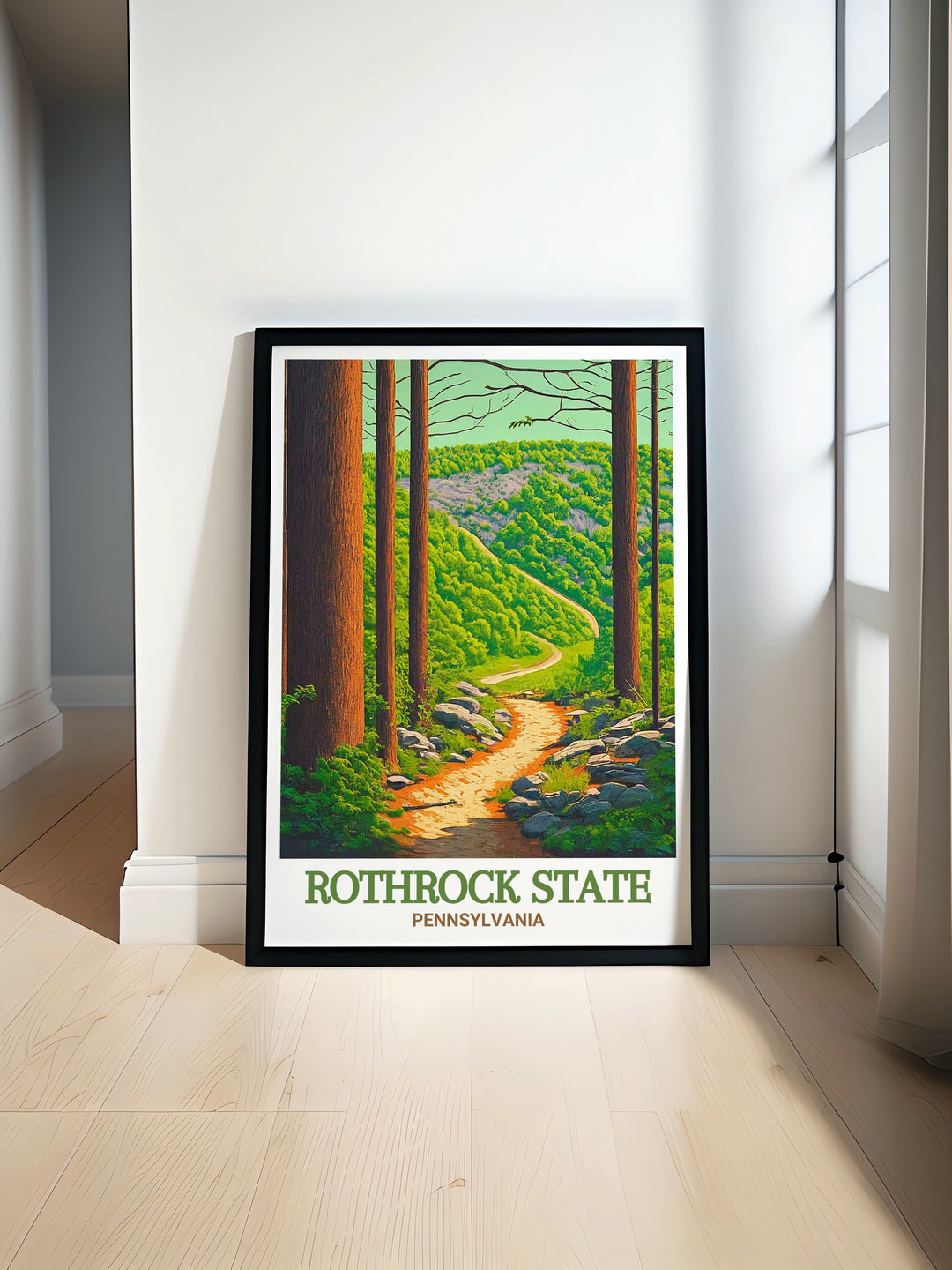 A detailed poster print of Rothrock State Forest Trails in Pennsylvania, celebrating the beauty and tranquility of this outdoor haven. Ideal for any nature enthusiast looking to add a piece of Pennsylvanias wilderness to their home.