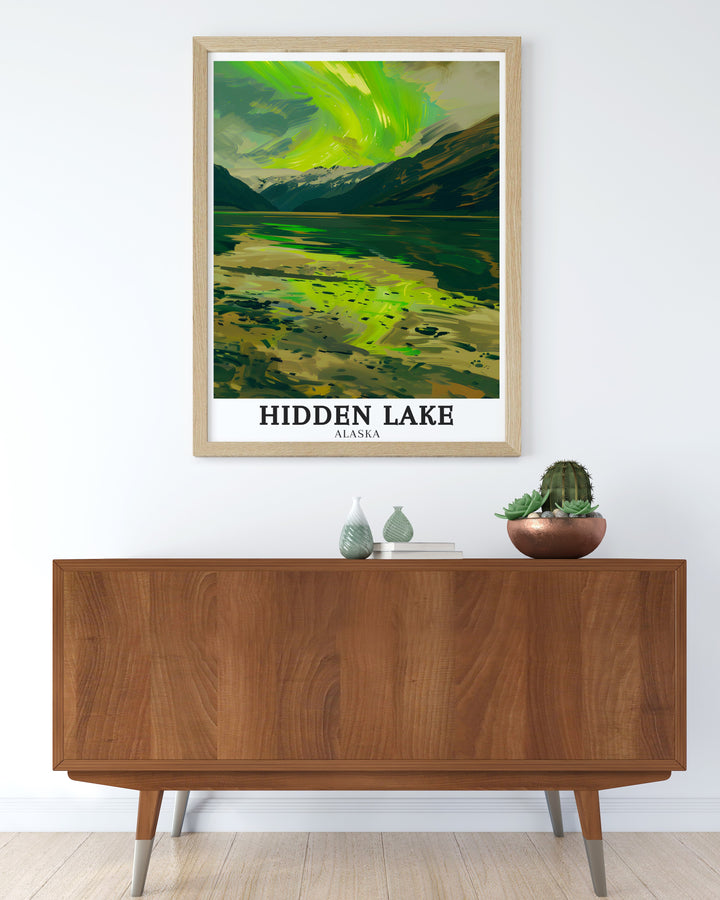 Northern Lights wall art displaying the vibrant colors of Alaskas famous auroras. This framed artwork brings the magic of the Northern Lights into your home, creating a mystical and peaceful atmosphere that celebrates the beauty of the night sky.