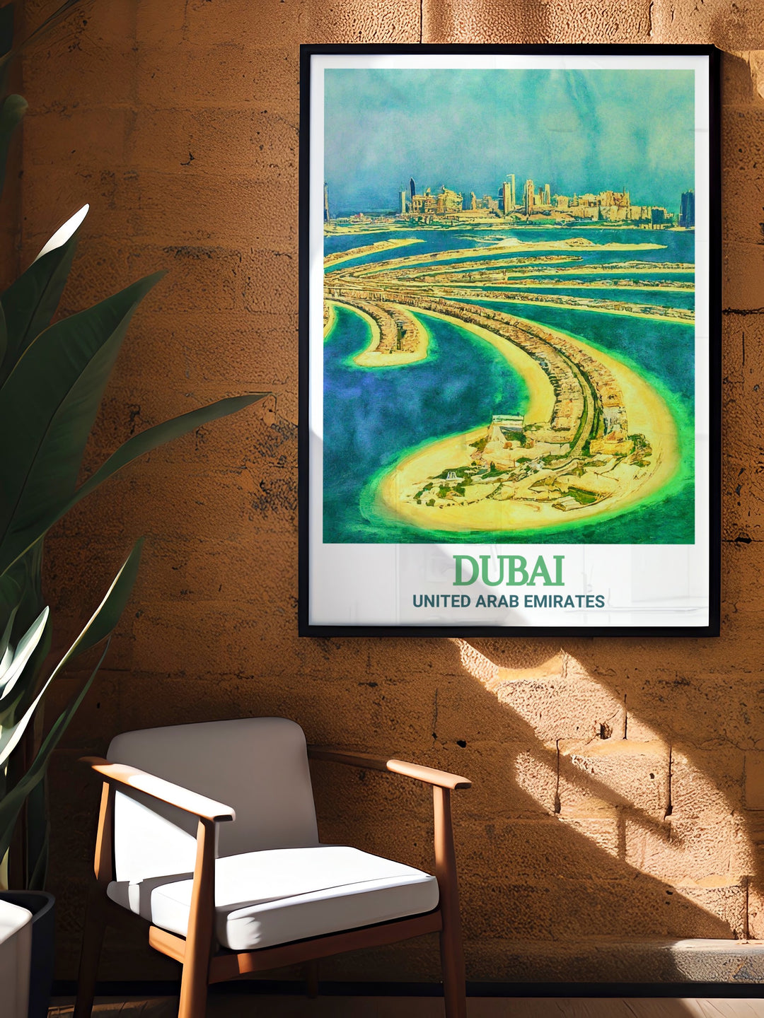 Dubai print featuring Palm Jumeirah and intricate details of a botanical garden offering a modern and elegant addition to your living space perfect for art lovers and travelers who appreciate stunning cityscapes