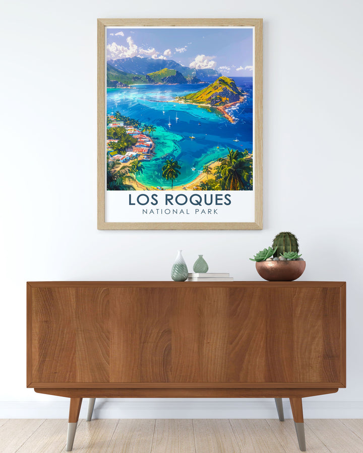 Immerse yourself in the awe inspiring beauty of Venezuela with this vintage travel poster featuring Angel Falls and Los Roques National Park. The detailed artwork makes it a must have for any travel lover or art collector.