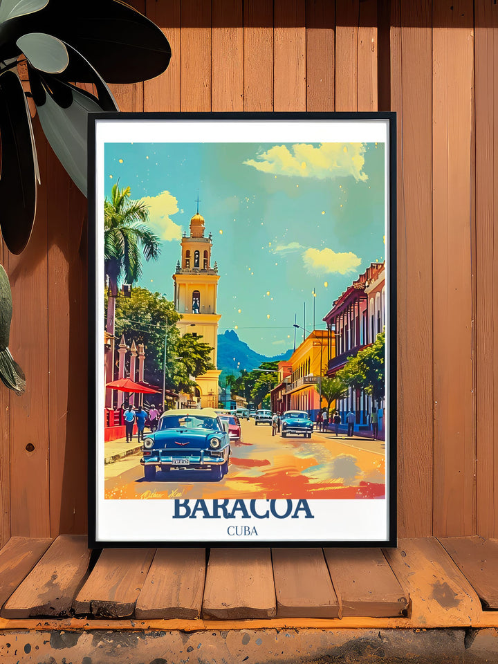 High quality Cuba painting of Baracoas El Yunque Mountain and Catedral De Nuestra Senora De La Asuncion, perfect for city art lovers. This print showcases the rich history and vibrant energy of Baracoa, making it an ideal piece for those who appreciate both culture and nature.