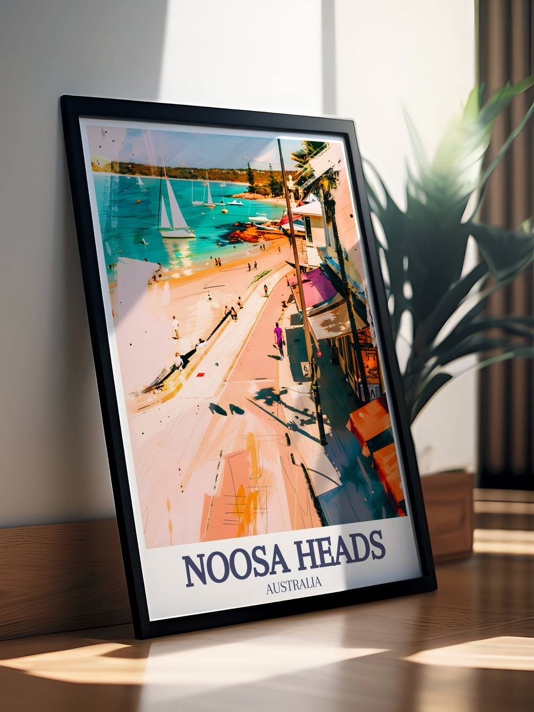 Hastings Street Travel Print with a detailed portrayal of Noosa Heads, featuring Laguna Bay in the background. This artwork highlights the blend of city life and serene coastal views, perfect for those who appreciate both urban and natural landscapes in Australias Sunshine Coast.