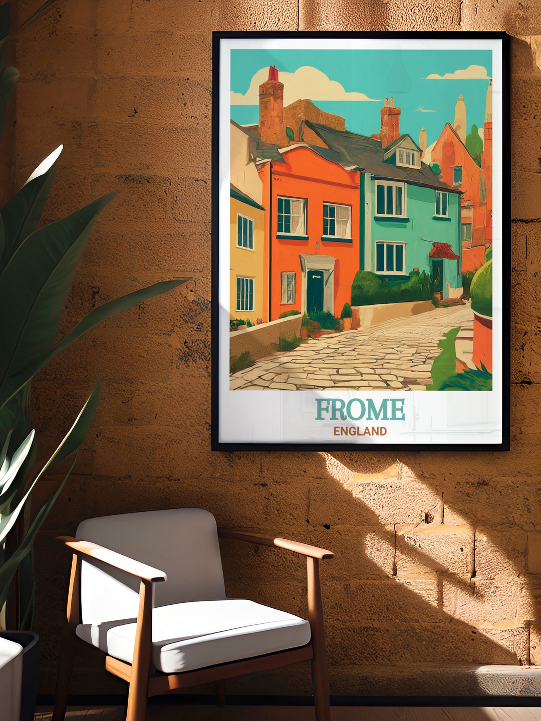 Frome wall art featuring Catherine Hills cobblestone paths and colorful storefronts. This print is an ideal choice for anyone who appreciates small English towns, blending modern style with historical beauty, perfect for both modern and traditional home decor.