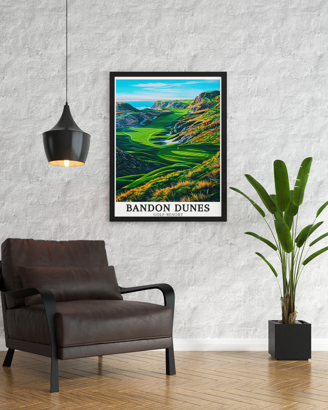 Bandon Dunes travel print depicting the sweeping fairways, the Pacific Ocean, and the rugged Oregon landscape. This large art piece reflects the spirit of golfing adventure and is a perfect gift for anyone passionate about the game.