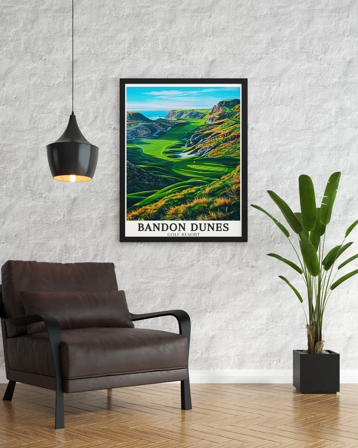 Bandon Dunes travel print depicting the sweeping fairways, the Pacific Ocean, and the rugged Oregon landscape. This large art piece reflects the spirit of golfing adventure and is a perfect gift for anyone passionate about the game.