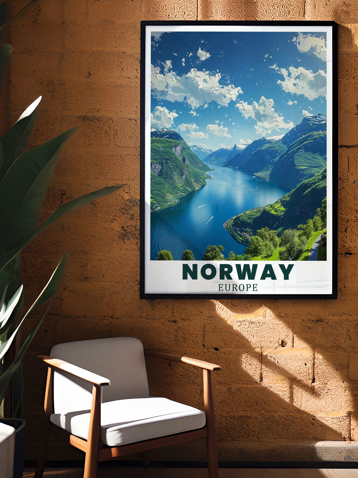 Captivating Flekkefjord print showcasing Norwegian landscape perfect for gifts and home decor combined with Bryggen Bergen stunning prints and Geirangerfjord elegant home decor