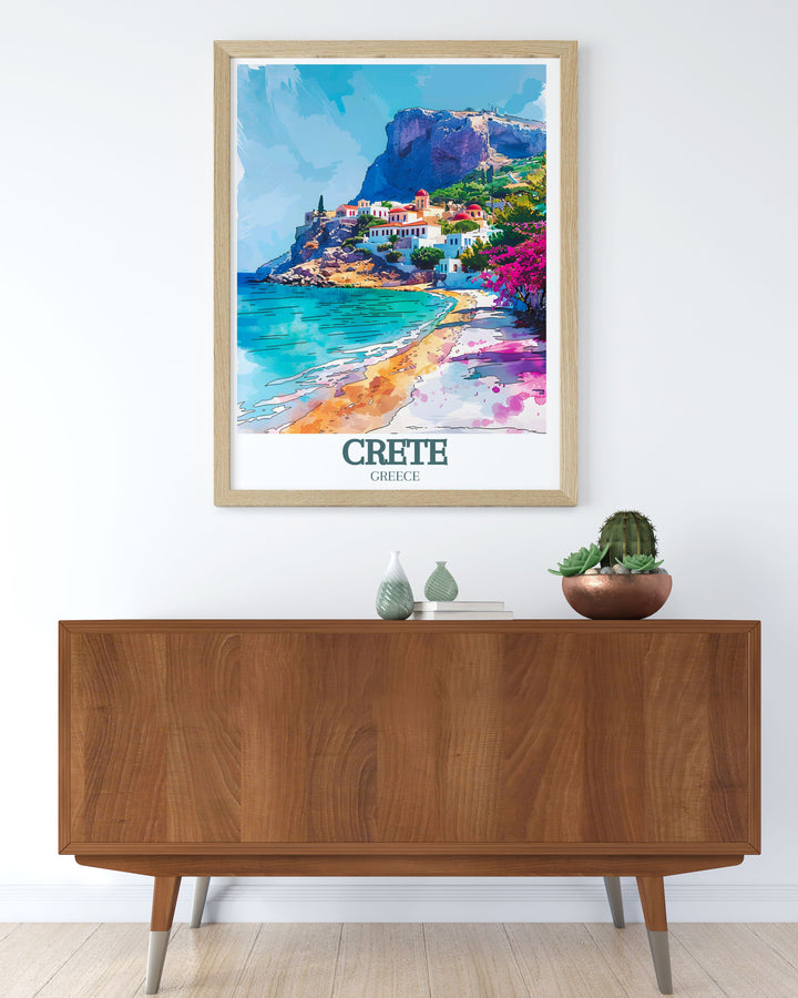 This exquisite art print of Balos Beach features the striking pink sands and clear blue waters that define this Crete beach. Ideal for home decor, this travel poster highlights the natural beauty of one of Greeces most scenic spots, perfect for beach enthusiasts.