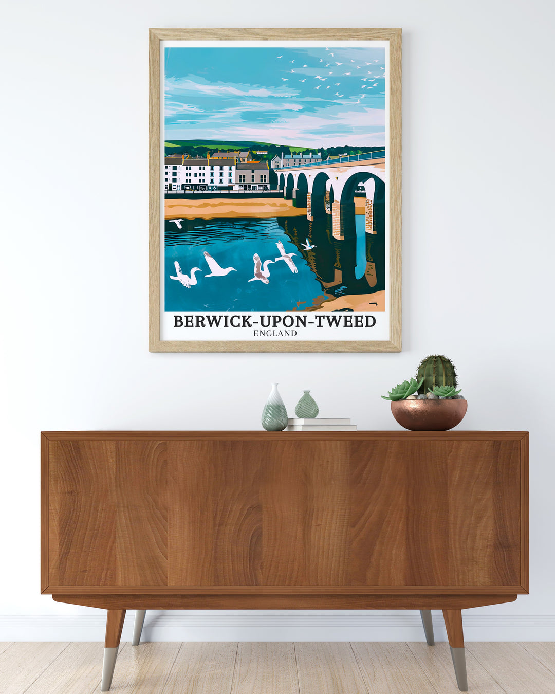 A detailed Berwick upon Tweed travel print featuring the historic Berwick Bridge and the peaceful Berwick Harbour. This artwork captures the essence of the towns rich history and natural beauty, perfect for adding a touch of British heritage to your home decor.