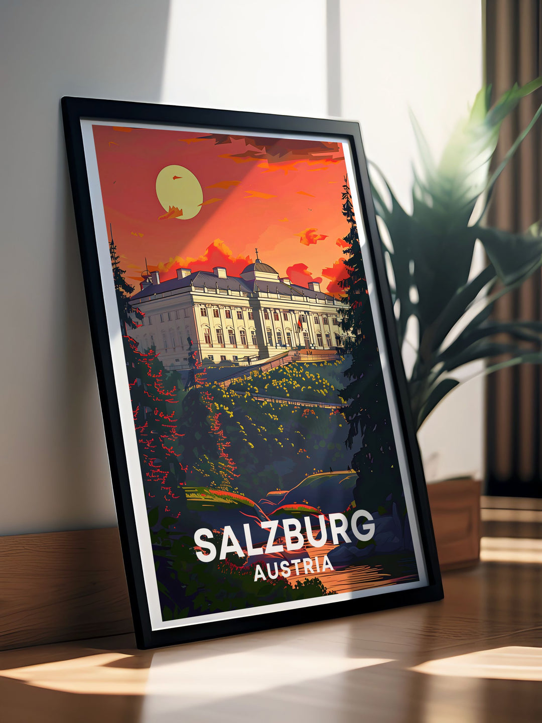 Stunning view of Mirabel Palace in Salzburg. Add this vintage travel print to your home decor. Perfect for history buffs and fans of Austrian landmarks. The vibrant colors and intricate details highlight the beauty of Mirabel Palace and the charm of Salzburg.