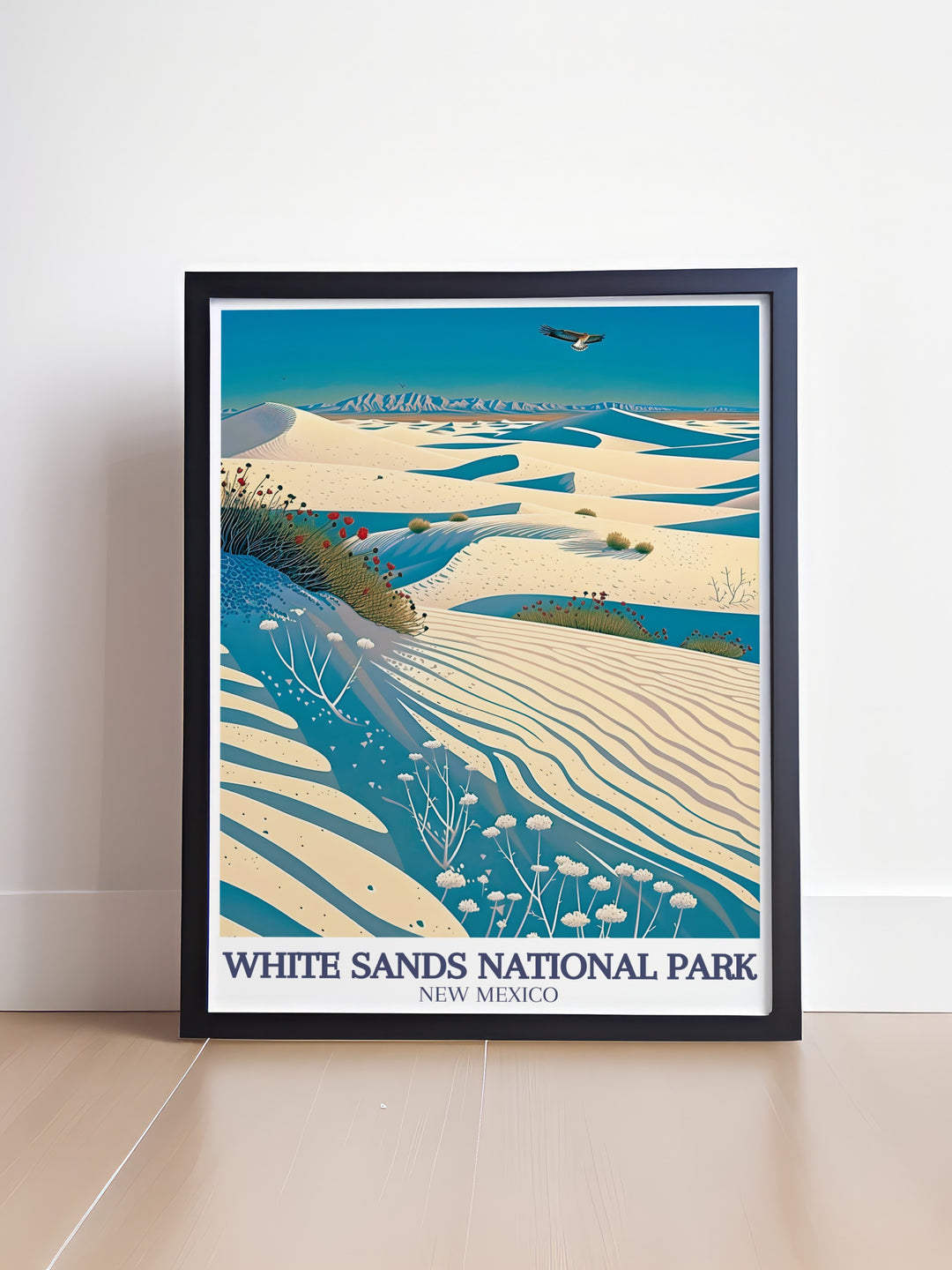 National park poster of White Sands highlighting the beauty of the Sacramento Mountains and the Chihuahuan Desert perfect for those who appreciate modern prints and stunning home decor a unique piece that adds a touch of natural elegance to any space.