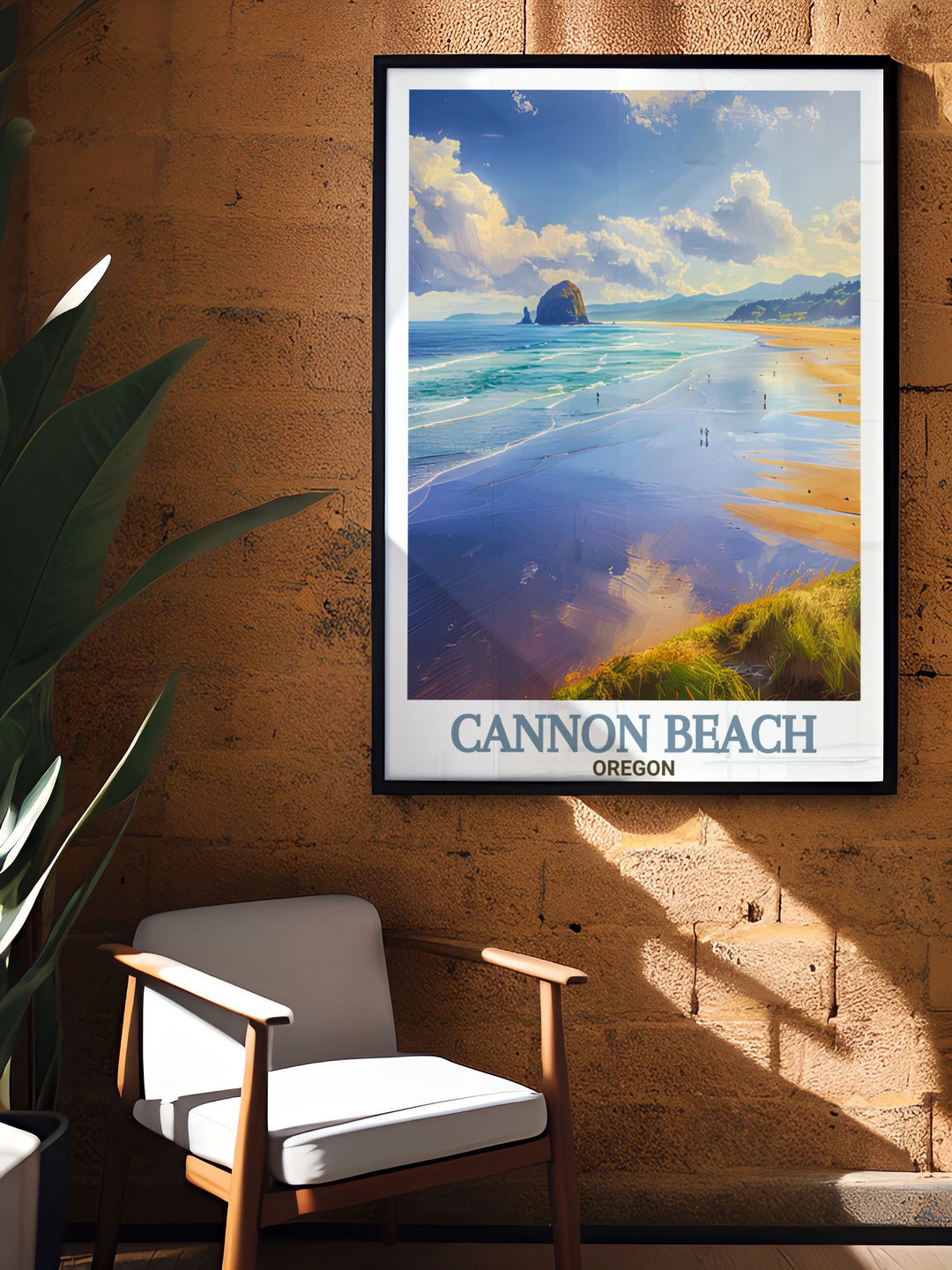 Vibrant Cannon Beach poster showcasing the beauty of the coastal town with colorful art and fine line prints ideal for brightening up any room with its lively depiction