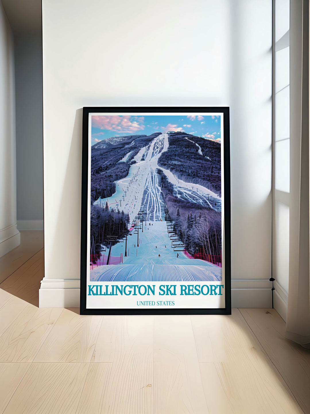 Scenic view of Bear Mountain showcasing snow covered peaks and skiers enjoying the winter slopes. The artwork highlights the beauty of the alpine landscape and the excitement of skiing. Perfect for enhancing home or office decor with a touch of winter adventure and mountain charm.