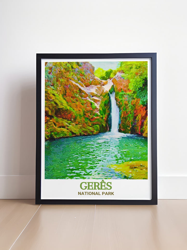 Elevate your home decor with this Geres National Park poster featuring the serene Arado Waterfall perfect as a gift for nature lovers or as a statement piece in your living room this art print captures the tranquil beauty of one of Portugals top travel destinations