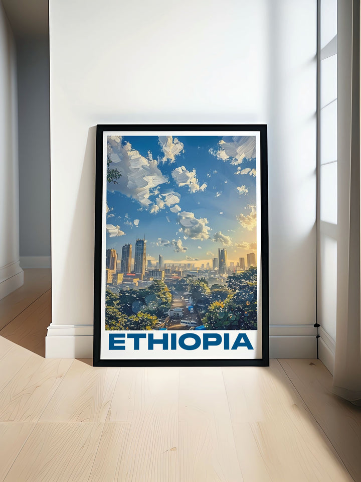 Ethiopia Print featuring colorful and detailed Addis Ababa cityscape capturing the vibrant spirit and culture perfect for adding a touch of Ethiopian charm to your home decor or as a unique gift for friends and family who love travel and art