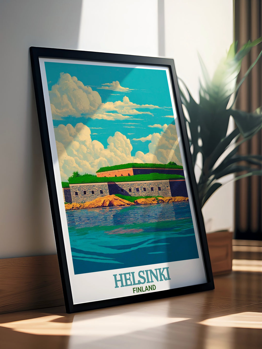 Featuring Suomenlinna Fortress, this Helsinki travel poster captures one of Finlands most iconic landmarks. The canvas art is perfect for those who appreciate the fusion of history and natural beauty, bringing a piece of Helsinkis heritage into your home.