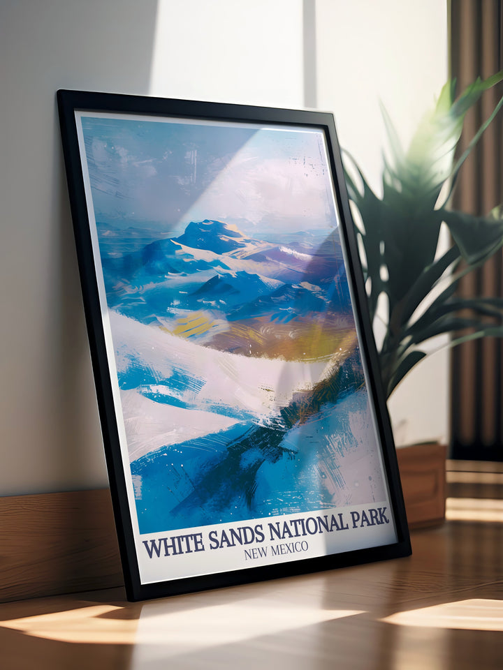 Modern art print of White Sands featuring the striking Sacramento Mountains and the scenic Chihuahuan Desert a perfect national park gift for anyone who appreciates nature and contemporary home decor adding a touch of elegance to any room.