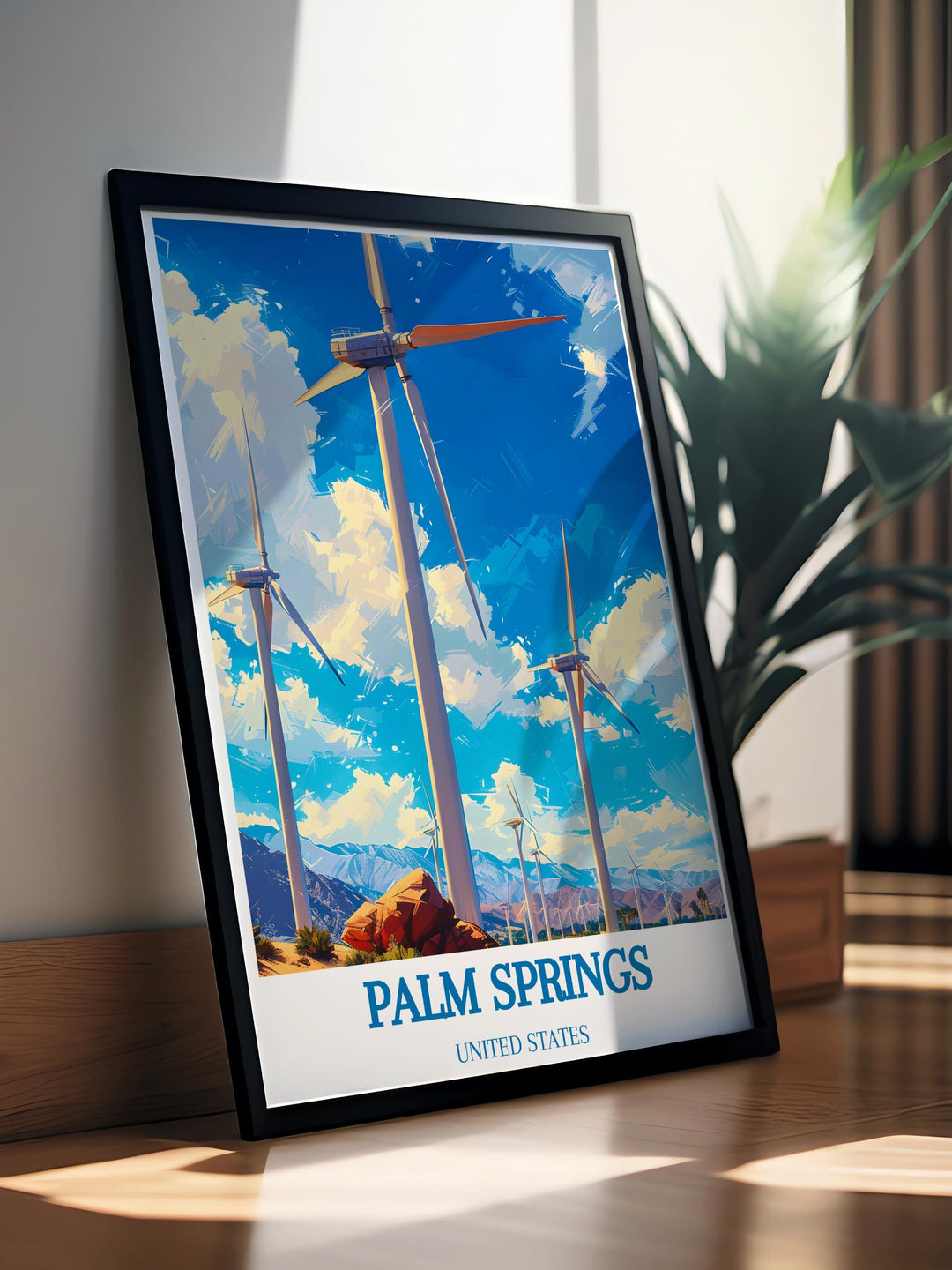 Sophisticated Palm Springs Windmills Artwork featuring a beautiful desert scene with windmills ideal for adding a touch of elegance to your living room or office