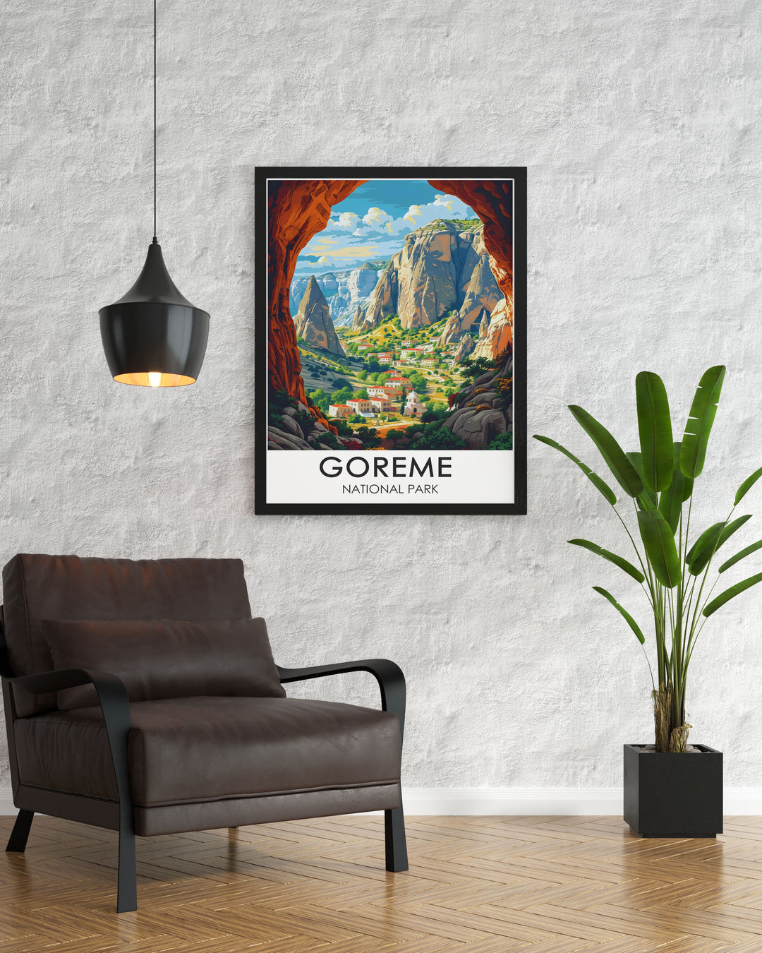 The detailed illustration of Goreme National Parks unique Fairy Chimneys and the Open Air Museum creates a stunning piece of wall art, celebrating the natural and historical wonders of Cappadocia, Turkey, and bringing a sense of exploration to your decor.
