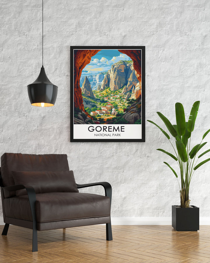 The detailed illustration of Goreme National Parks unique Fairy Chimneys and the Open Air Museum creates a stunning piece of wall art, celebrating the natural and historical wonders of Cappadocia, Turkey, and bringing a sense of exploration to your decor.