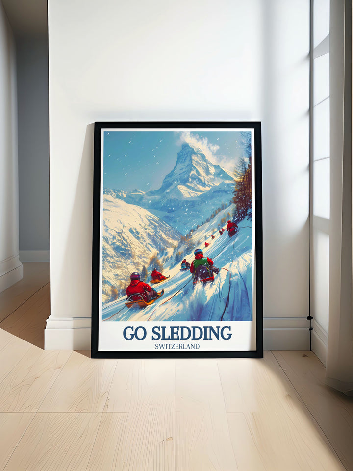 Custom print of a snowy landscape in Gornergrat, showcasing the unique perspectives and thrilling experiences of sledding in Switzerland.