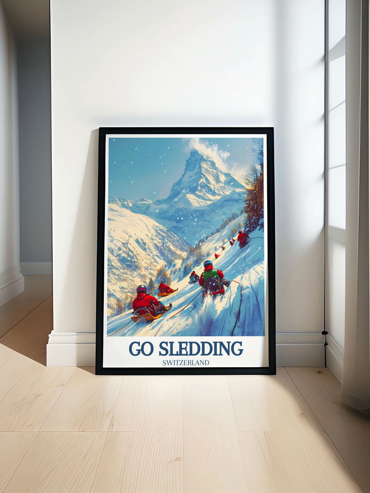 Capture the excitement of sledding in the Swiss Alps with this Retro Luging Poster. Whether for yourself or as a gift, this artwork is perfect for anyone who loves snow sports and the breathtaking views of Gornergrat in Zermatt.