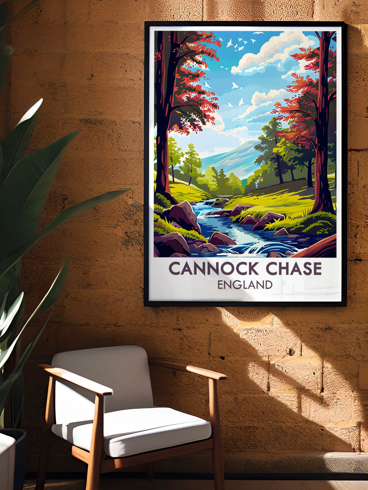 Discover the charm of Sherbrook Valley with this stunning Cannock Chase art print. This piece celebrates the beauty of the English countryside with its vibrant greenery and diverse wildlife making it an ideal addition to your UK wildlife decor collection.