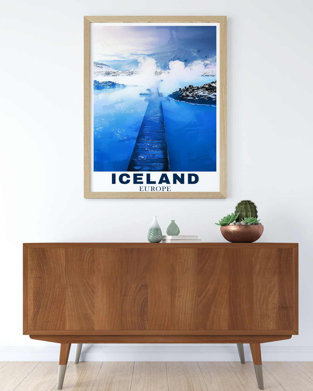 A detailed art print showcasing the Blue Lagoons geothermal spa, renowned for its healing properties and tranquil setting.