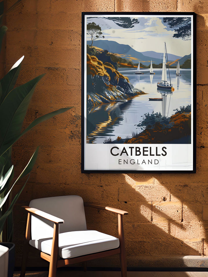 Catbells Summit artwork capturing the essence of the English countryside with a detailed depiction of Derwentwater Shoreline and the surrounding Lakeland an ideal addition to any home or office wall decor