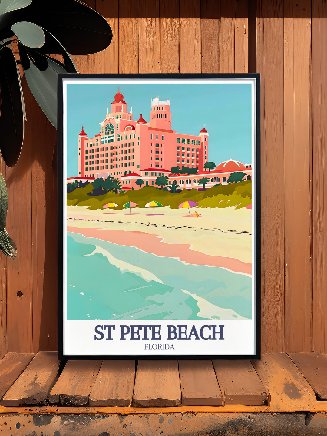 Beautiful St Pete Beach poster highlighting the picturesque Don CeSar Hotel and Pass a Grille Beach a perfect addition to your collection of Florida travel prints and Florida wall art for a timeless look