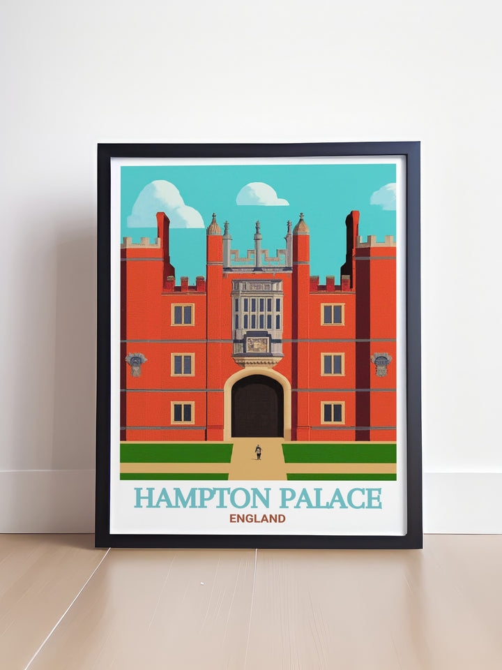 The England travel print showcases Hampton Palace, one of the most significant historical sites in England. This travel poster highlights the architectural brilliance of the palace and its regal atmosphere. Ideal for those who love British history and travel, this print serves as an elegant addition to any room.